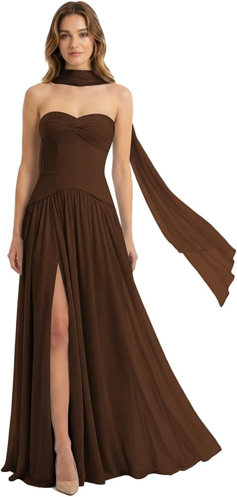 Corset Chiffon Long Bridesmaid Dress for Women with Scarf Wedding Guest Dress L01047 | Amazon (US)