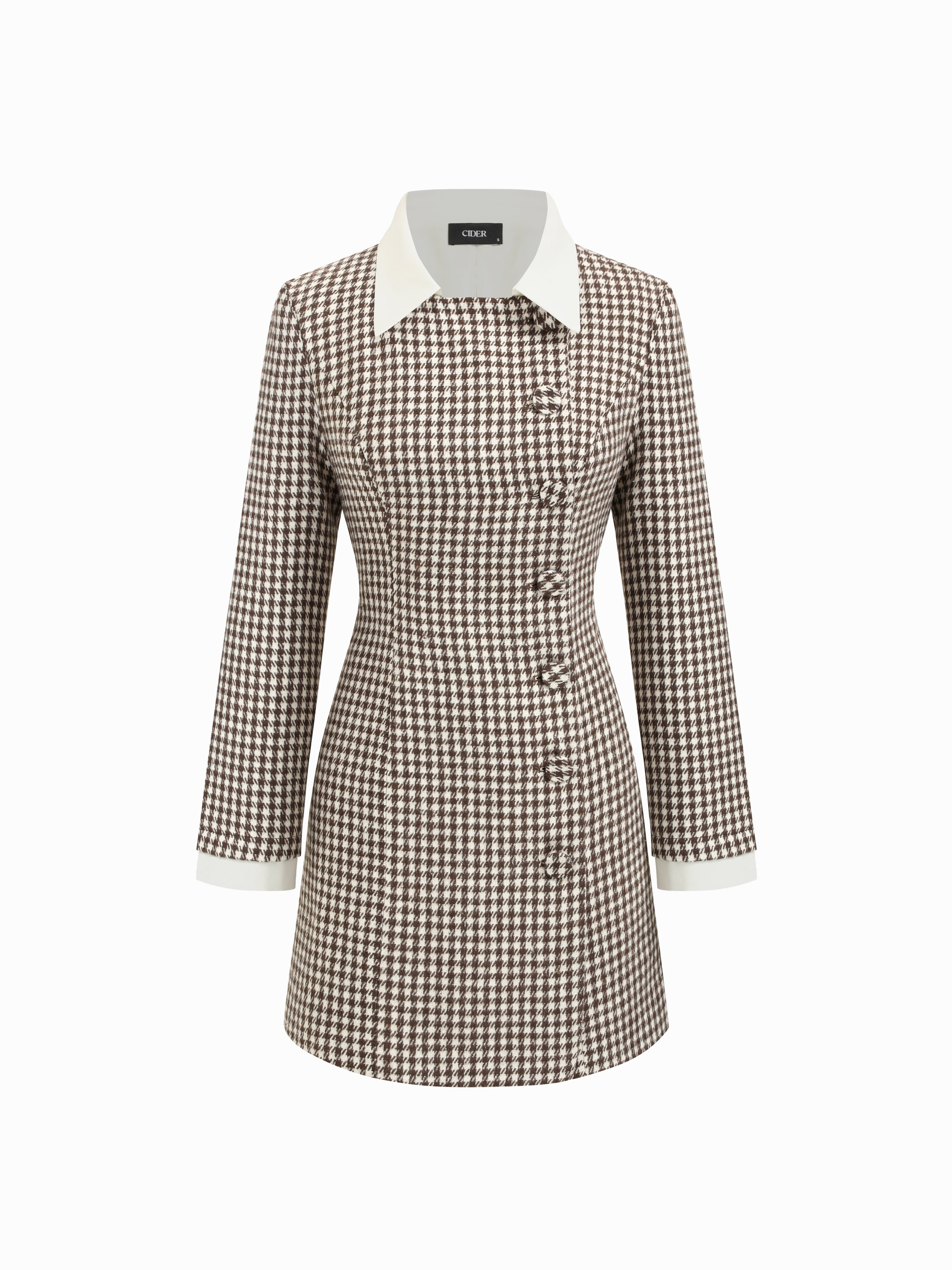 Woven Cotton-blend Houndstooth Collar Two Tone Mini Blazer Dress  For Daily Casual Work | Cider