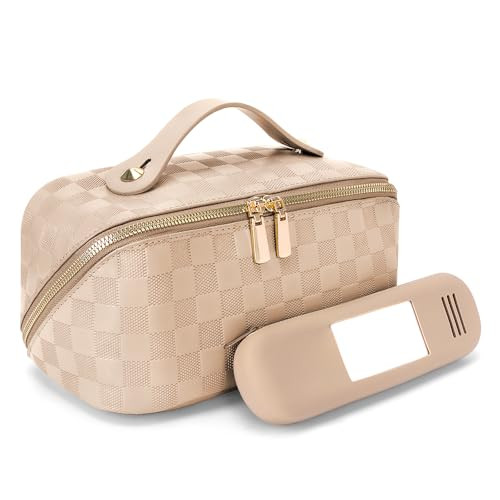 Cessfle Travel Makeup Bag Set, Checkered Makeup Bag with Travel Makeup Brush Holder Leather Travel Toiletry Bag Set Large Capacity Travel Cosmetic Bag Makeup Organizer for Women | Amazon (US)