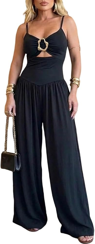 Women's Hollow V-Neck Backless Wide Leg Jumpsuit | Amazon (US)