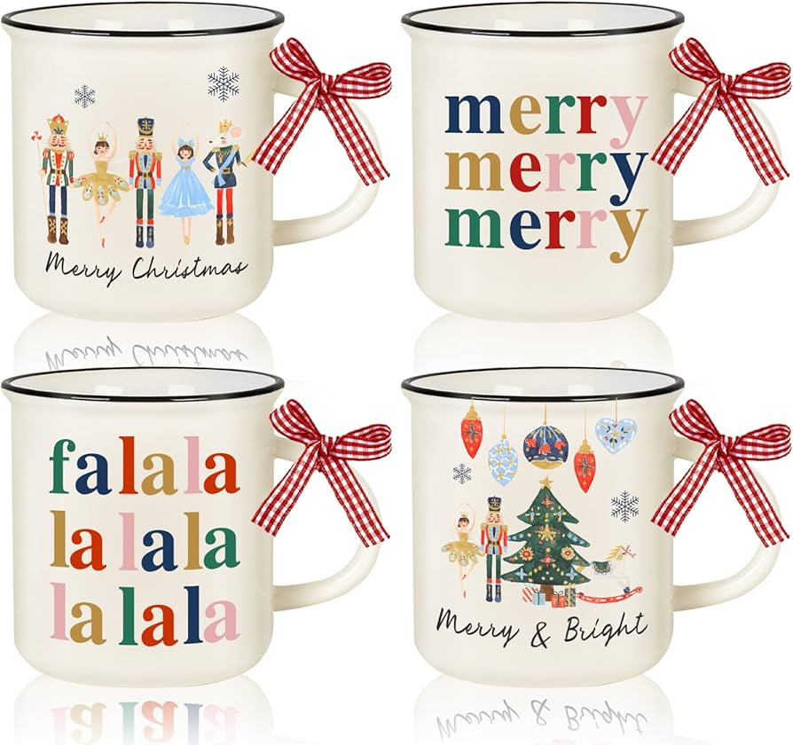 4Pcs Christmas Mini Mugs with Plaid Ribbon Watercolor Nutcracker Mini Coffee Mug Xmas Winter Part... | Amazon (US)