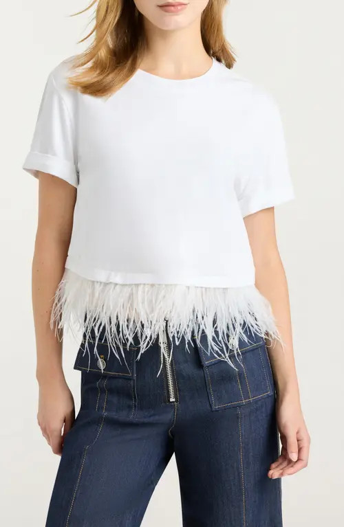 Cinq à Sept Feather Trim Crop T-Shirt in White at Nordstrom, Size Large | Nordstrom