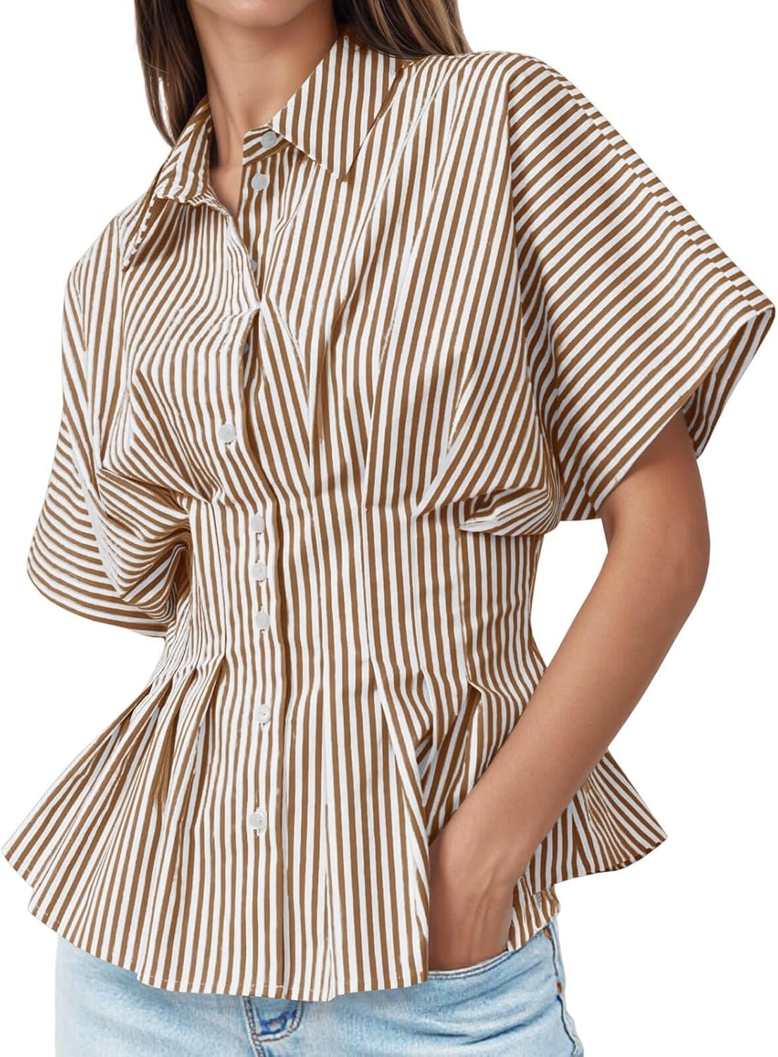 Tankaneo Womens Striped Peplum Business Tops Casual Office Shirts Blouses | Amazon (US)