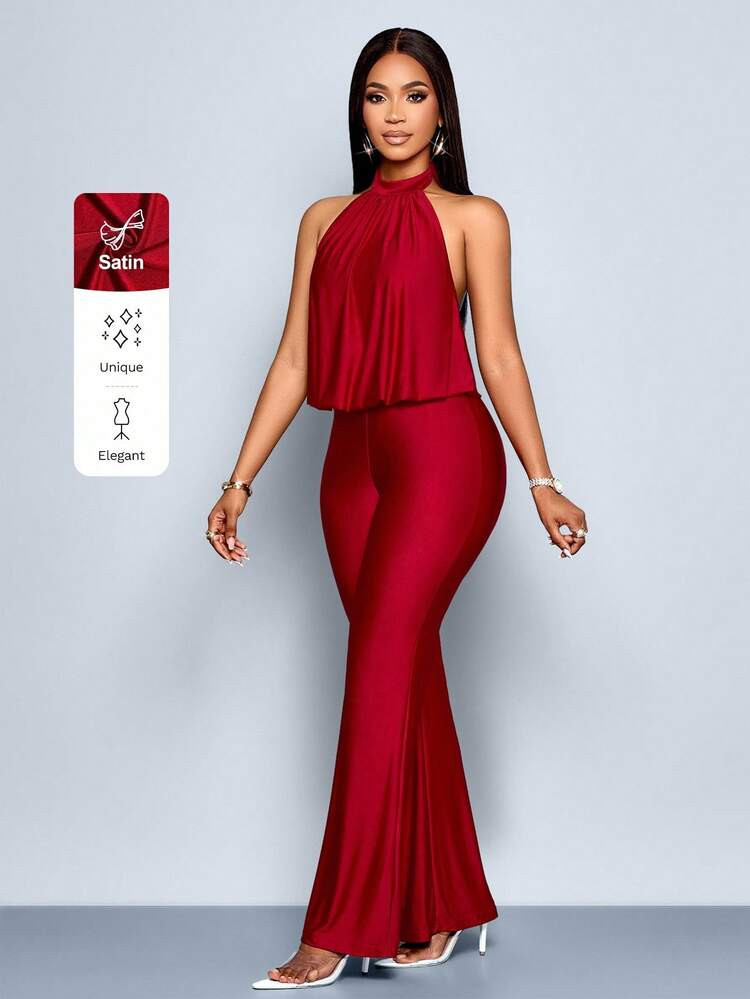 SOLERSUN Women's Fashion Elegant Daily Solid Color Sweet Halter Sleeveless Jumpsuit | SHEIN