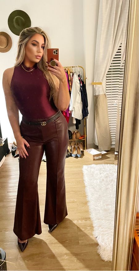 Fall outfit for date night 🍁 I paired these merlot colored leather bell bottoms by 7 for all Mankind with a matching maroon bodysuit from House of Harlow 1960. This outfit was so cozy too! I added a Gucci belt to finish the look! 

#LTKSeasonal #LTKworkwear #LTKstyletip