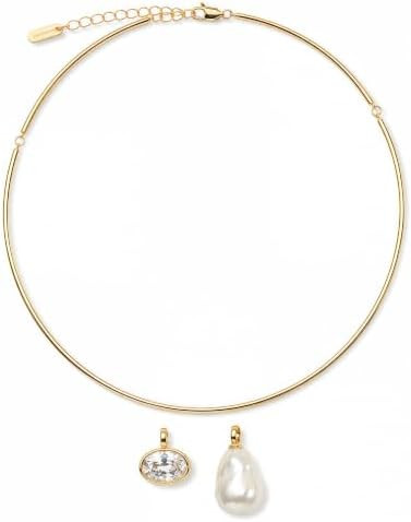 Gold Collar Necklace for Women, Cuff Style with Removable CZ & Baroque Pearl Pendants, 14K Gold P... | Amazon (US)