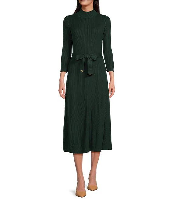 3/4 Sleeve Mock Neck Midi Sweater Dress With Belt | Dillard's