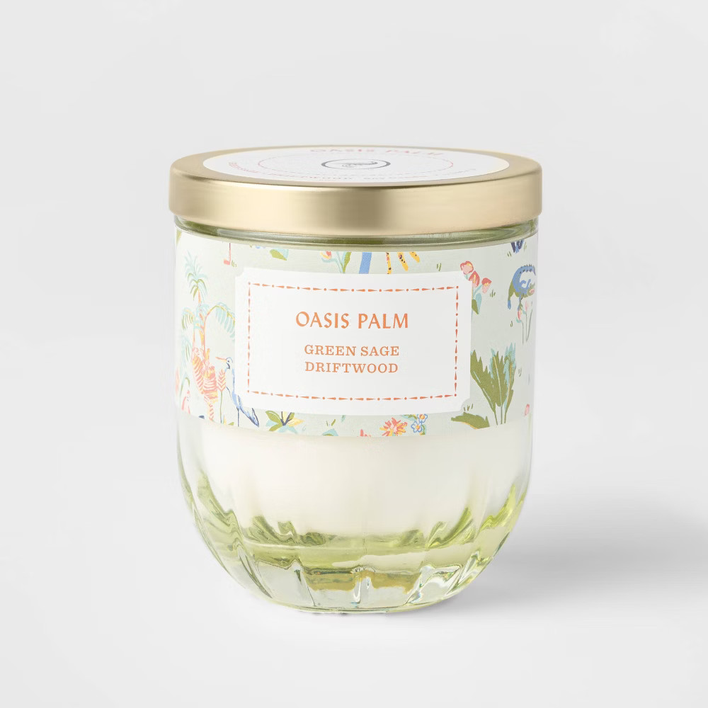 7oz Lidded Eggshell Green Ribbed Base Glass Jar Oasis Palm Candle - Opalhouse™ | Target