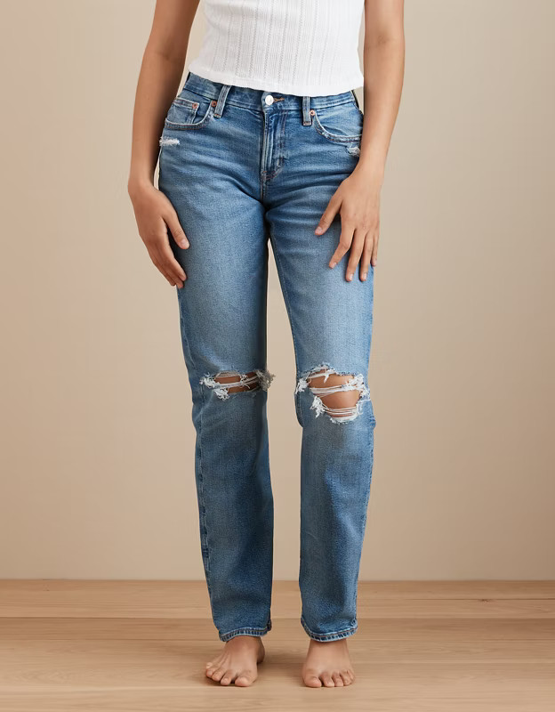 AE Stretch Curvy Ripped Straight Jean | American Eagle Outfitters (US & CA)