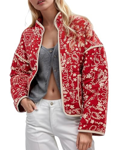 Yimoon Women's Cropped Puffer Quilted Jacket Vintage Floral Print Open Front Lightweight Short Jacket Outwear (RedFloral-M) | Amazon (US)