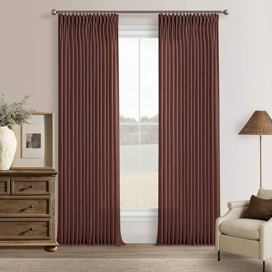 TWODRAPES Pinch Pleated Curtains 90 Inch Long Thick Linen Rust Brown Semi Sheer Curtain | Amazon (US)