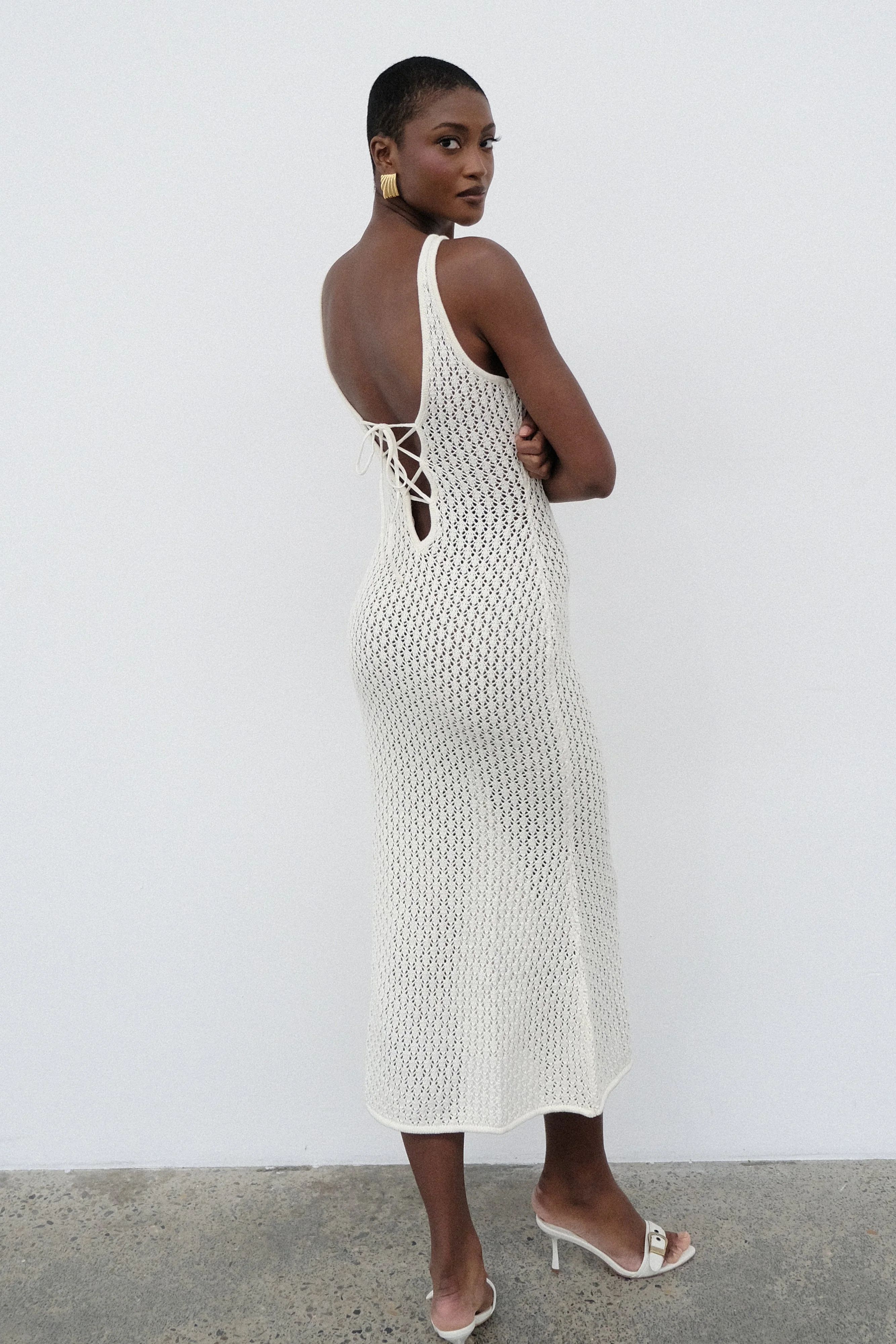 Cordelia Crochet Fishtail Midi Dress - Ivory | MESHKI US