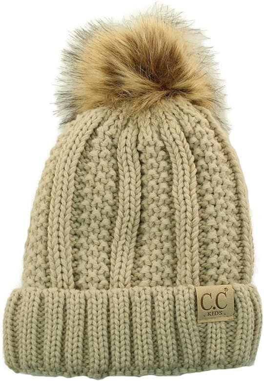 Kids CC Ages 2-7 Sherpa Lining Pompom Thick Stretchy Knit Beanie Cap Hat | Amazon (US)