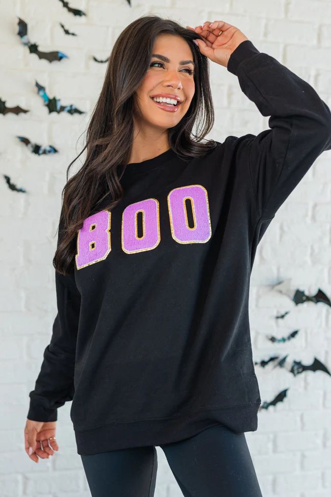 BOO Chenille Patch Black Oversized Graphic Sweatshirt | Pink Lily