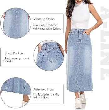 MISS MOLY Women's Jean Skirt Stretch High Waisted Frayed Raw Hem A Line Denim Midi Skirt with Poc... | Amazon (US)