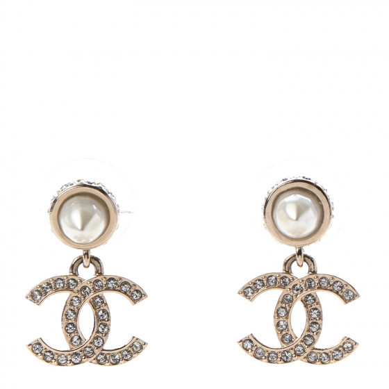 CHANEL Crystal Pearl CC Drop Earrings Gold | FASHIONPHILE | Fashionphile