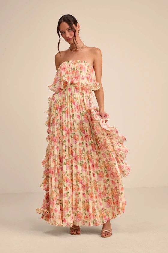 Andri Light Yellow Floral Pleated Ruffled Maxi Dress | Lulus
