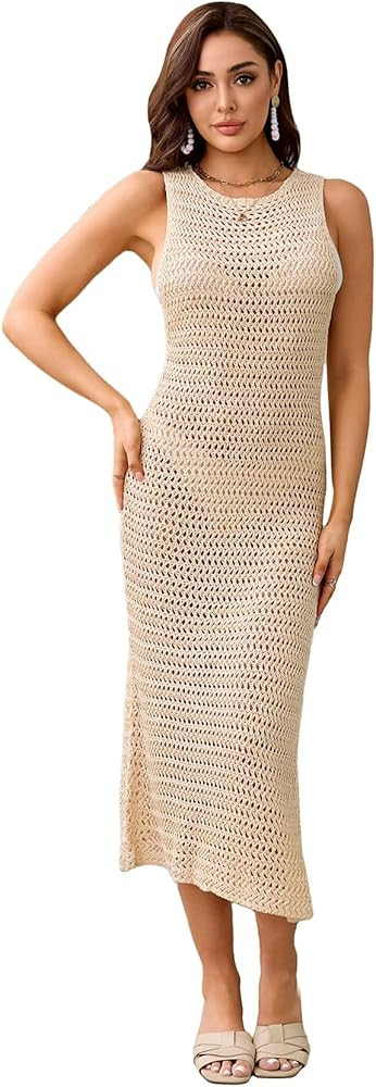 Verdusa Women's Hollow Out Crochet Beach Dress Thigh Split Bodycon Long Tank Dresses | Amazon (CA)