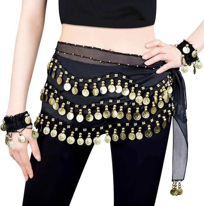 Belly Dance Hip Scarfs, Women Wave Shape Skirts Wrap with 128-Gold Coins | Amazon (US)