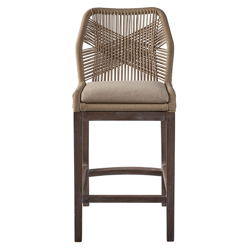 Cleo Coastal Brown Woven Synthetic Cord Upholstered Seat Mahogany Counter Stool | Kathy Kuo Home