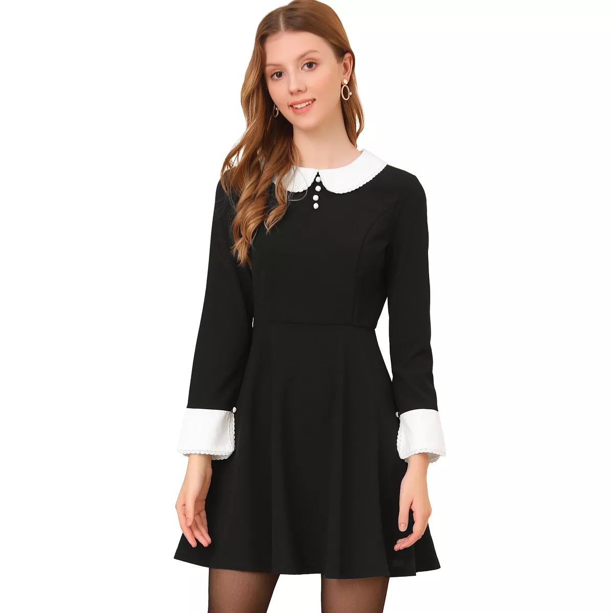 Allegra K Women's Peter Pan Collar Contrast Button Decor Long Sleeve Flare Dress Black Small | Target