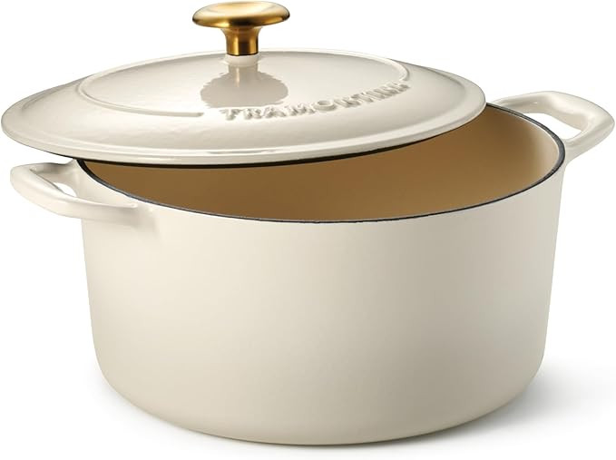 Tramontina Bestow Enameled Cast Iron Dutch Oven Pot with Lid, Round 5.5-quart, Latte with Gold Kn... | Amazon (US)