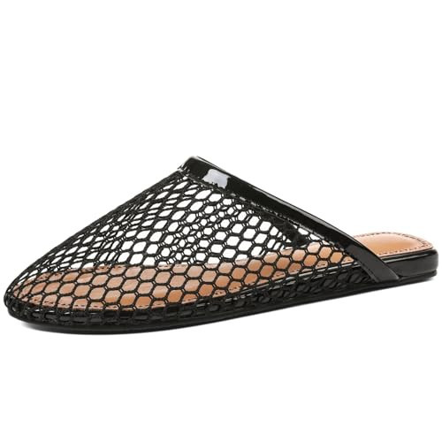 Lyrisiphy Round Toe Mesh Mule Flats Women Black Flat Sandals | Amazon (US)