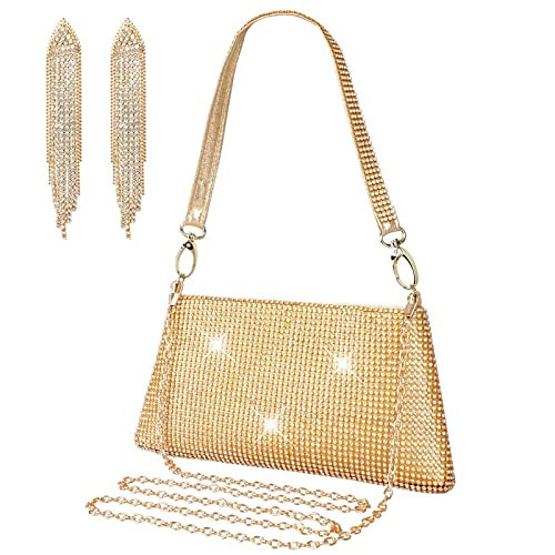 Rumdin Evening Bag Gold Clutch Purses for Women Rhinestone Crossbody Purse Top Mesh Bag for Girls Parties Gift Earrings | Amazon (US)