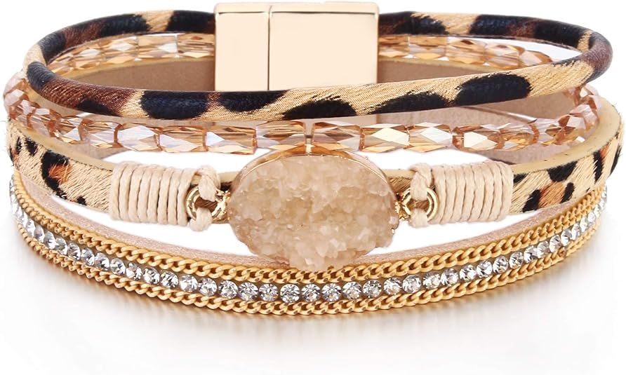 FANCY SHINY Leather Wrap Bracelet Boho Cuff Bracelets Crystal Bead Bracelet with Magnetic Clasp J... | Amazon (US)