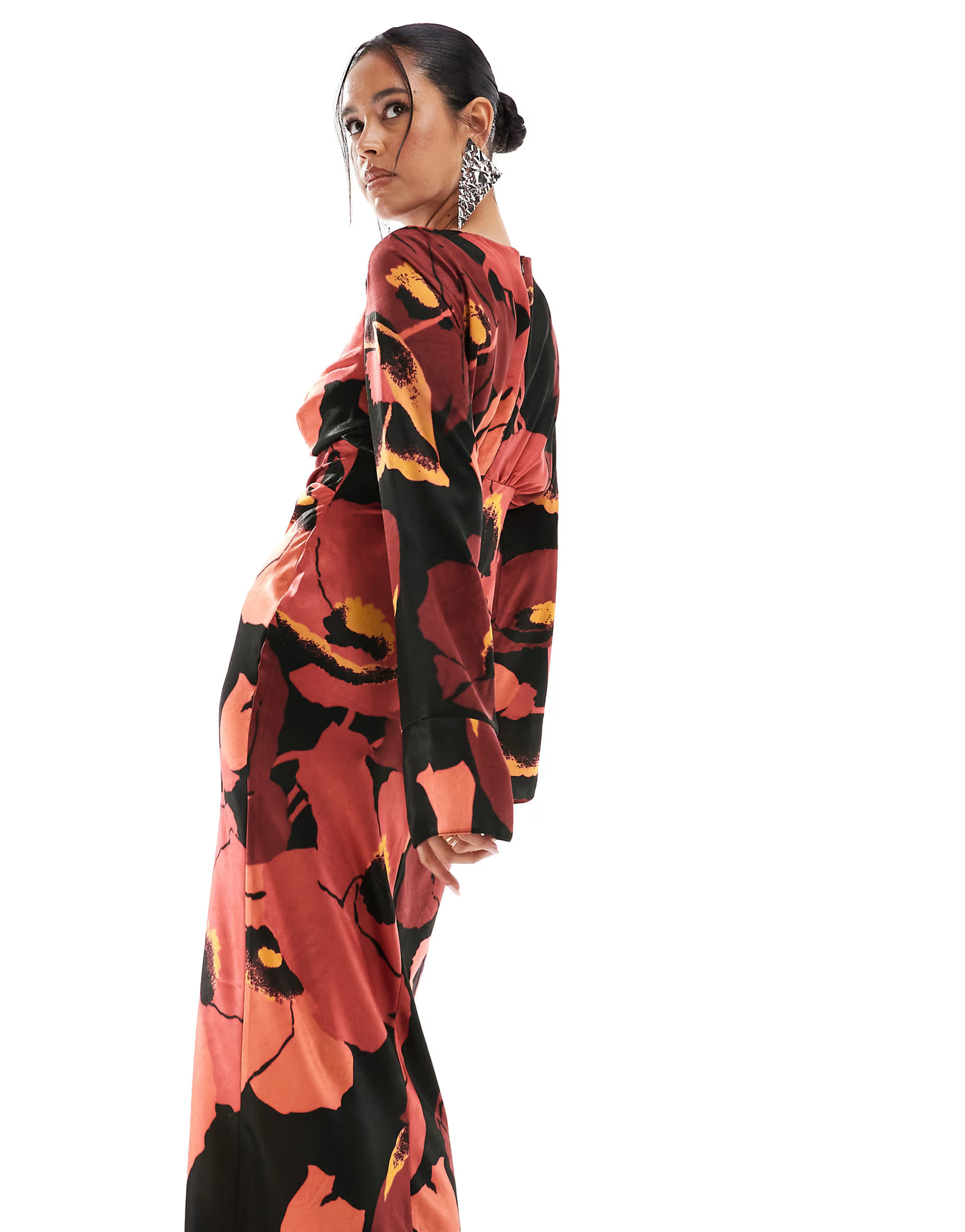 ASOS DESIGN draped front tuck sleeve bias maxi dress in abstract black based floral | ASOS | ASOS (Global)