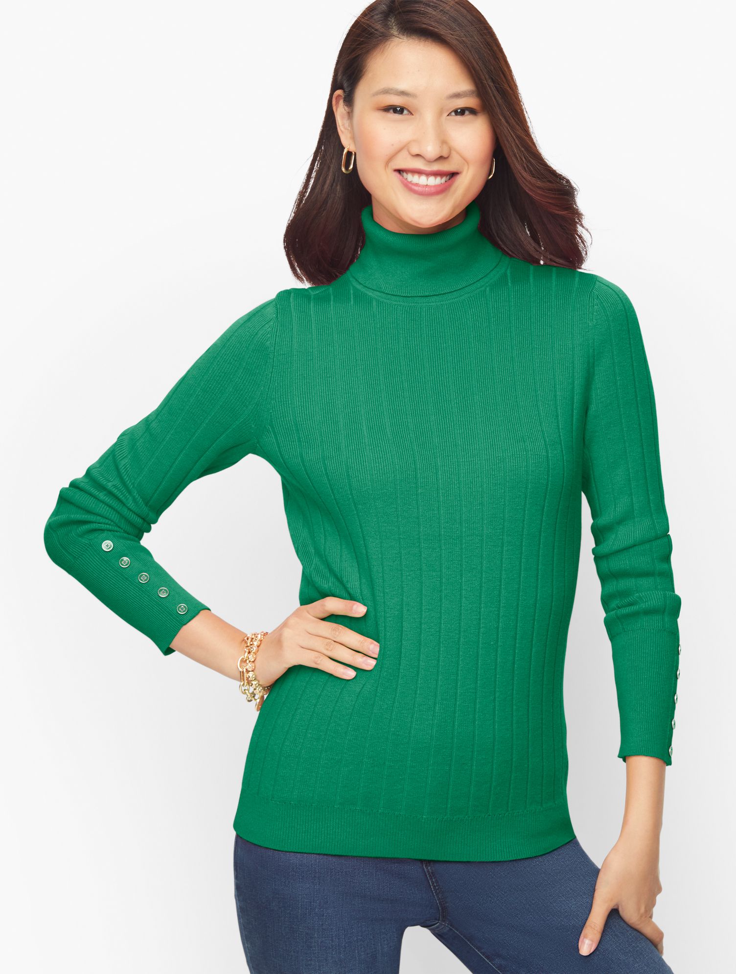 Ribbed Button Cuff Turtleneck Sweater - Ivory Green - XL Talbots | Talbots