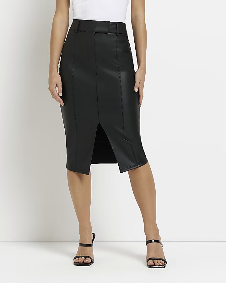 Petite black faux leather pencil midi skirt | River Island (UK & IE)