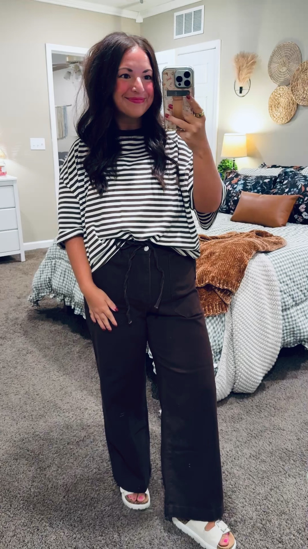 Casual teacher outfit inspo in my favorite neutrals! 🤎 This loose striped tee pairs so well with brown drawstring pants. Keeping the sandals out while the weather still lets me!

sandals: sold out, but linking similar options below!
jeans: fit true to size // wearing a large
tee: fits oversized // wearing a large 

 #LTKootd #LTKMidsize #LTKWorkwear