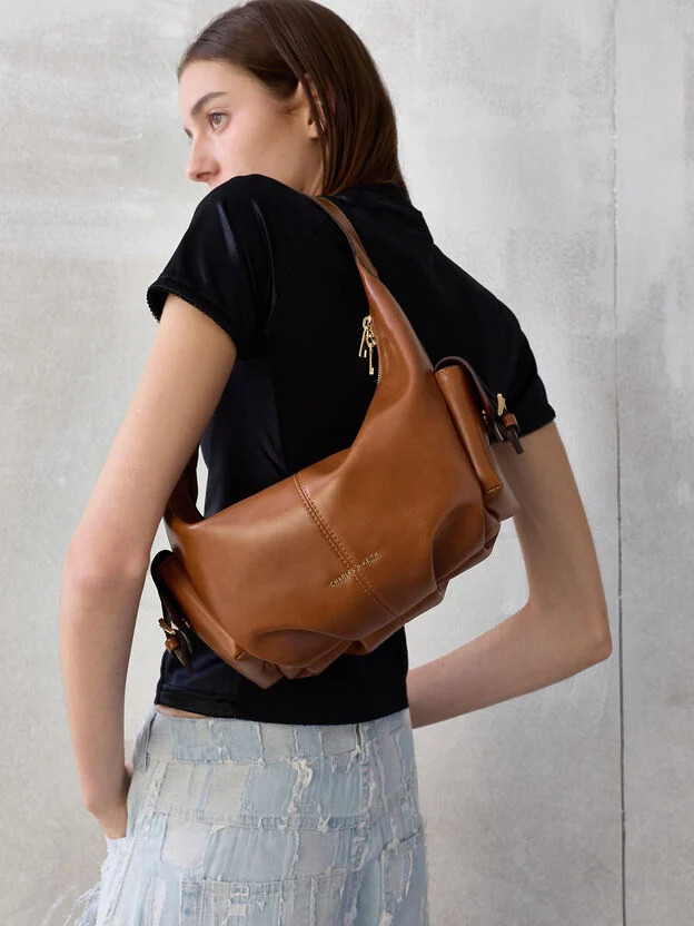 Distressed Tan Bessie Side-Pocket Hobo Bag | CHARLES & KEITH | Charles & Keith CA