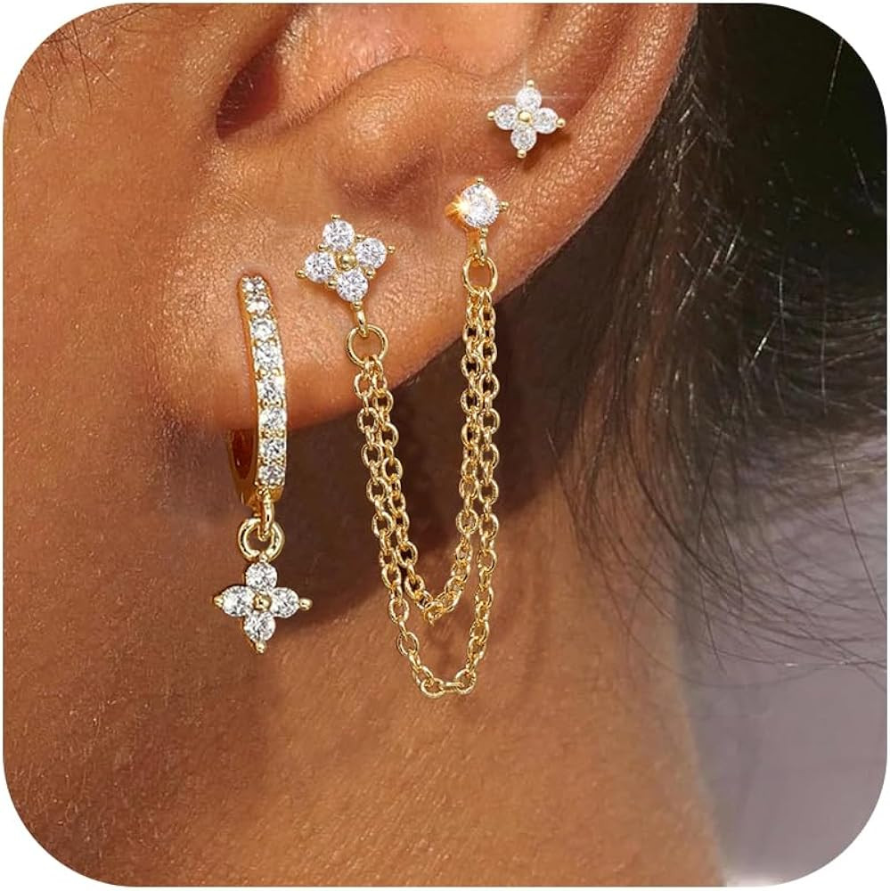 Sterling Silver Stud Hoop Earrings Set, Dainty Gold Silver Flower Chain Earrings for Multiple Pie... | Amazon (US)