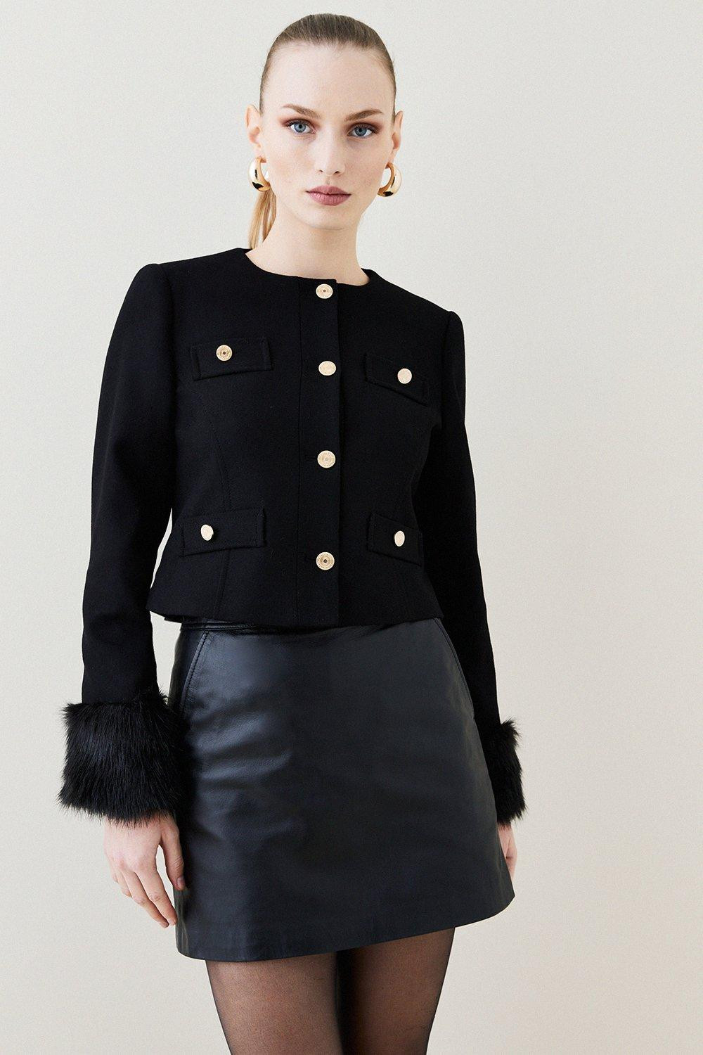 Italian Virgin Wool Faux Fur Cuff Short Coat | Karen Millen US