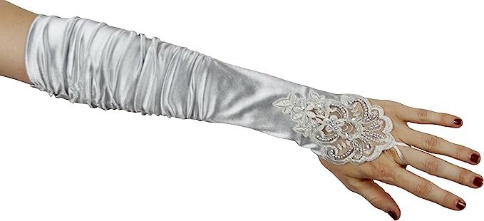 Grace Fingerless Long Gathered and Beaded Gloves, Silver | Amazon (US)