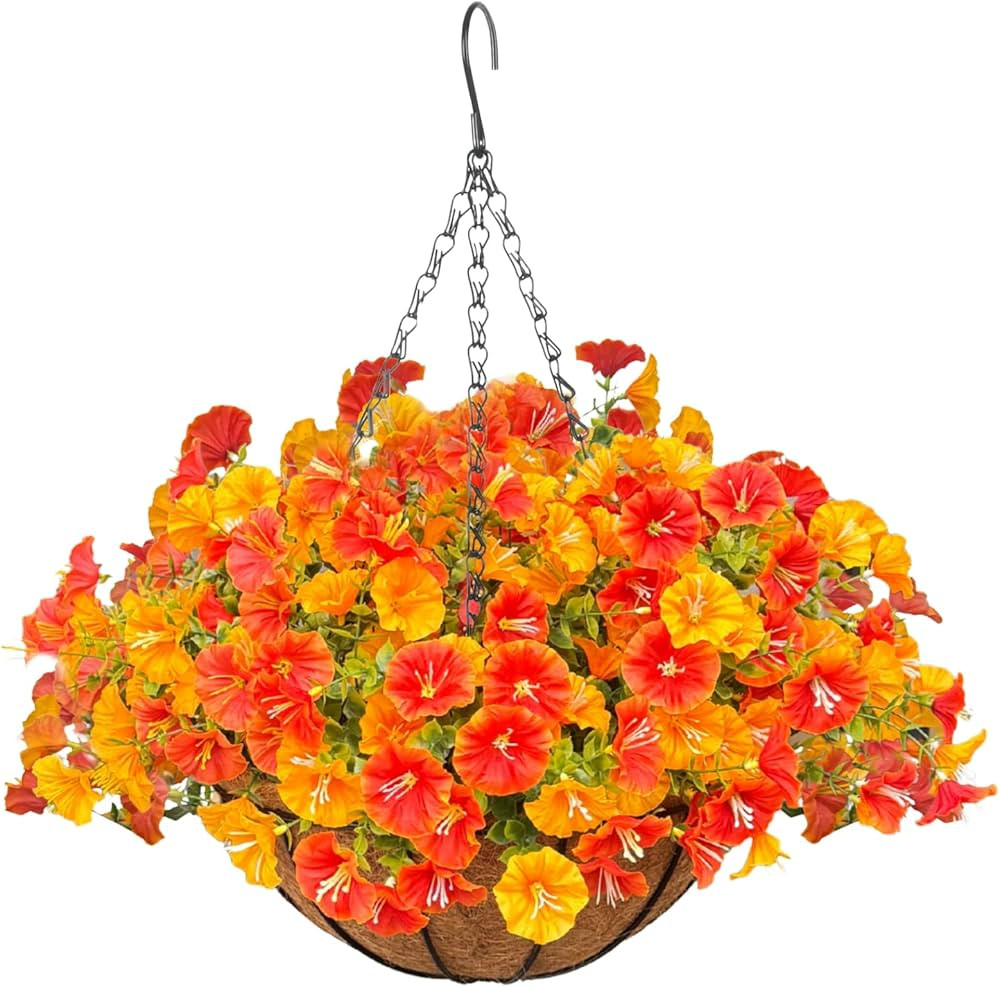 Artificial Hanging Faux Flowers Basket, Fake Silk Petunias Plants Arrangement,for Summer Fall Out... | Amazon (US)