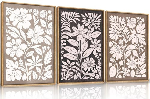 HLNIUC Black Brown Botanical Flower Wall Art Framed, Neutral Minimalist Wildflower Wall Decor set of 3 (16"x24"), Rustic Farmhouse Grey Canvas Painting, Nature Prints for Living Room, Bedroom, Office | Amazon (US)