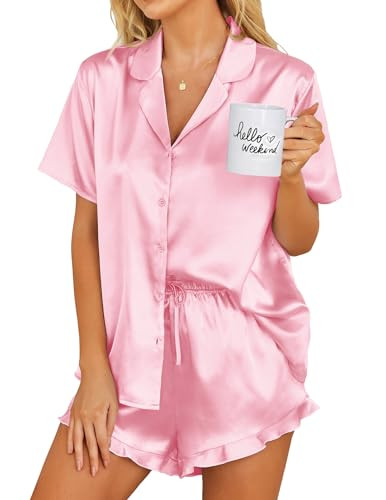 Ekouaer Womens Satin Pajamas Set Button Down 2 Piece Silk Pjs Shorts Set Ruffle Lingerie Notch Co... | Amazon (US)