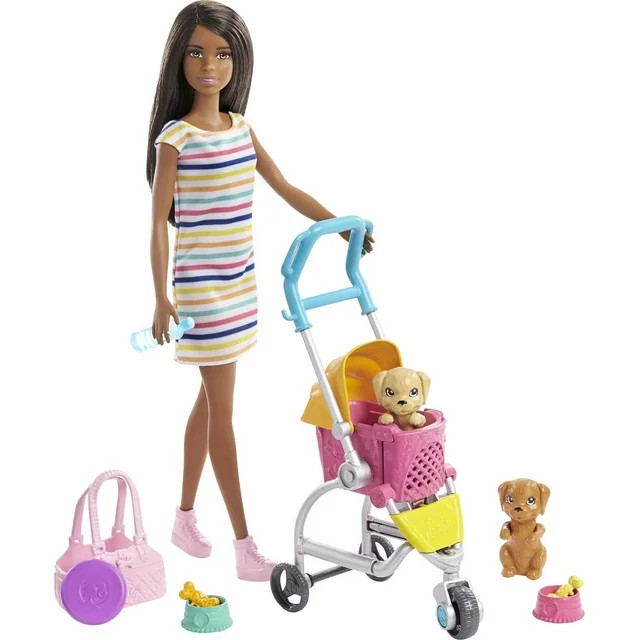Barbie Stroll & Play Pups Playset with Brunette Doll, Transforming Stroller, 2 Pets & Accessories | Walmart (US)