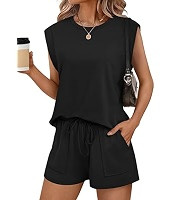 RUBZOOF Two Piece Sets for Women Summer Cap Sleeve Lounge Short Sets Crewneck Outfits with Pocket | Amazon (US)