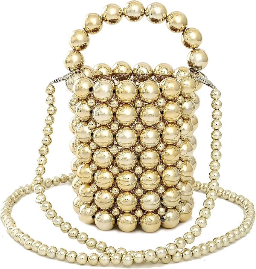 YIFEI Women Metaillic Colored Beaded Acrylic Handmade Bucket Bag with Detachable Chain | Amazon (US)