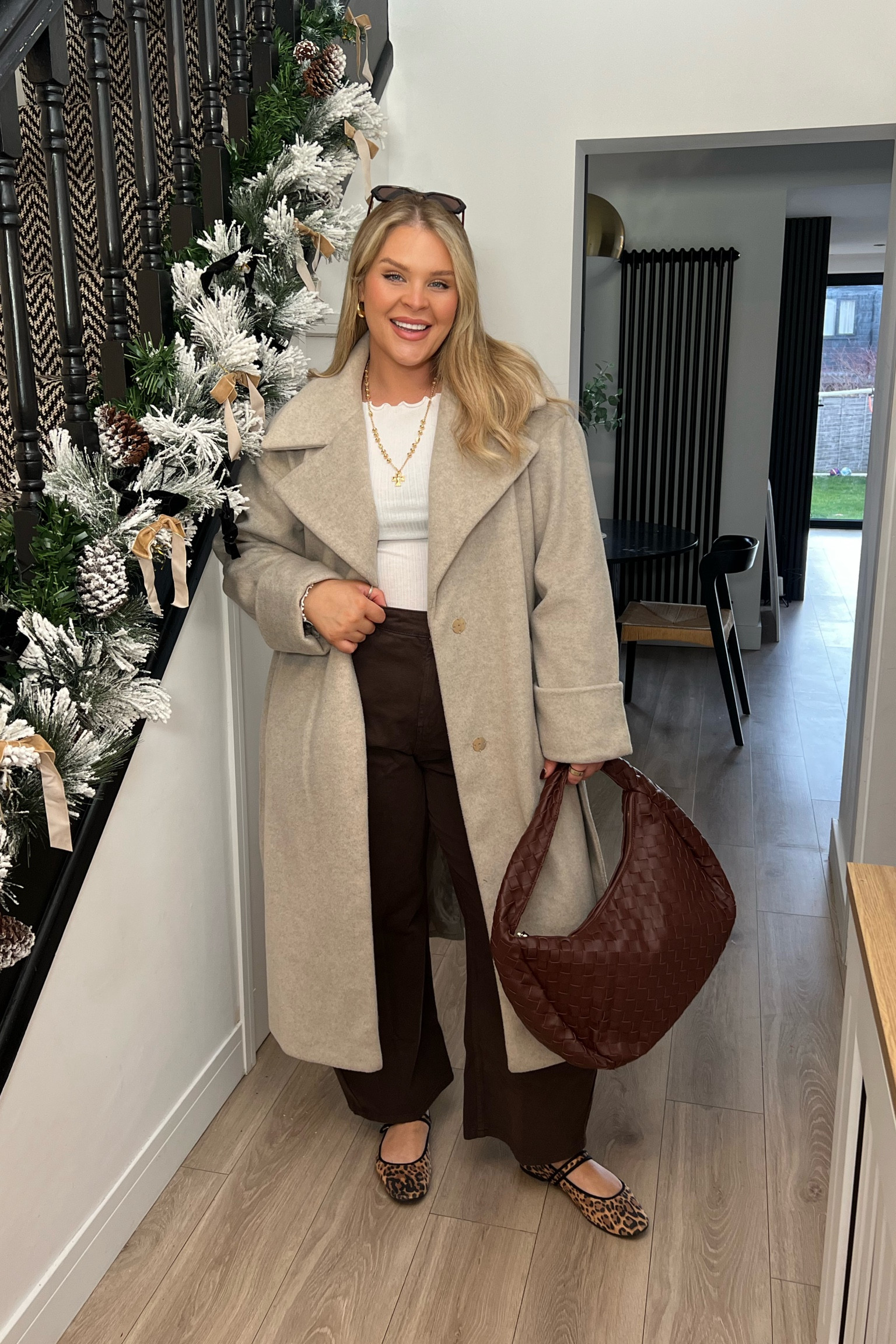 Comfy everyday outfit. Chocolate brown. Mocha mousse. New trend. Brown jeans. Barrel jeans. Plus size. Curve. Size 18. Size 16. River island. ASOS. Belted coat. Winter style. Winter fashion. Woven bag. 

#LTKwinter #LTKplussize #LTKWinterSale