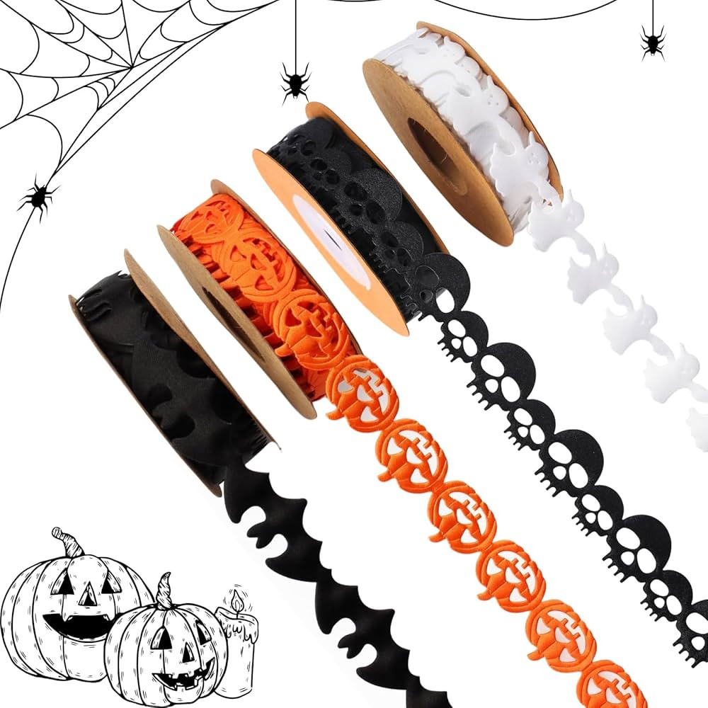 4 Rolls Halloween Ribbons, Black White Orange Bat Pumpkin Ghost Skeleton Shaped Trimming Fabrics ... | Amazon (US)