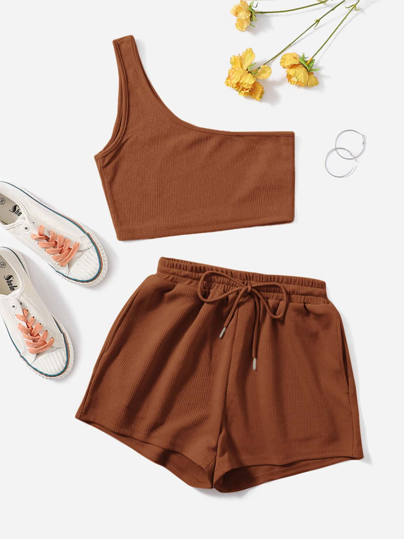 SHEIN EZwear Solid One Shoulder Top & Drawstring Shorts Set | SHEIN