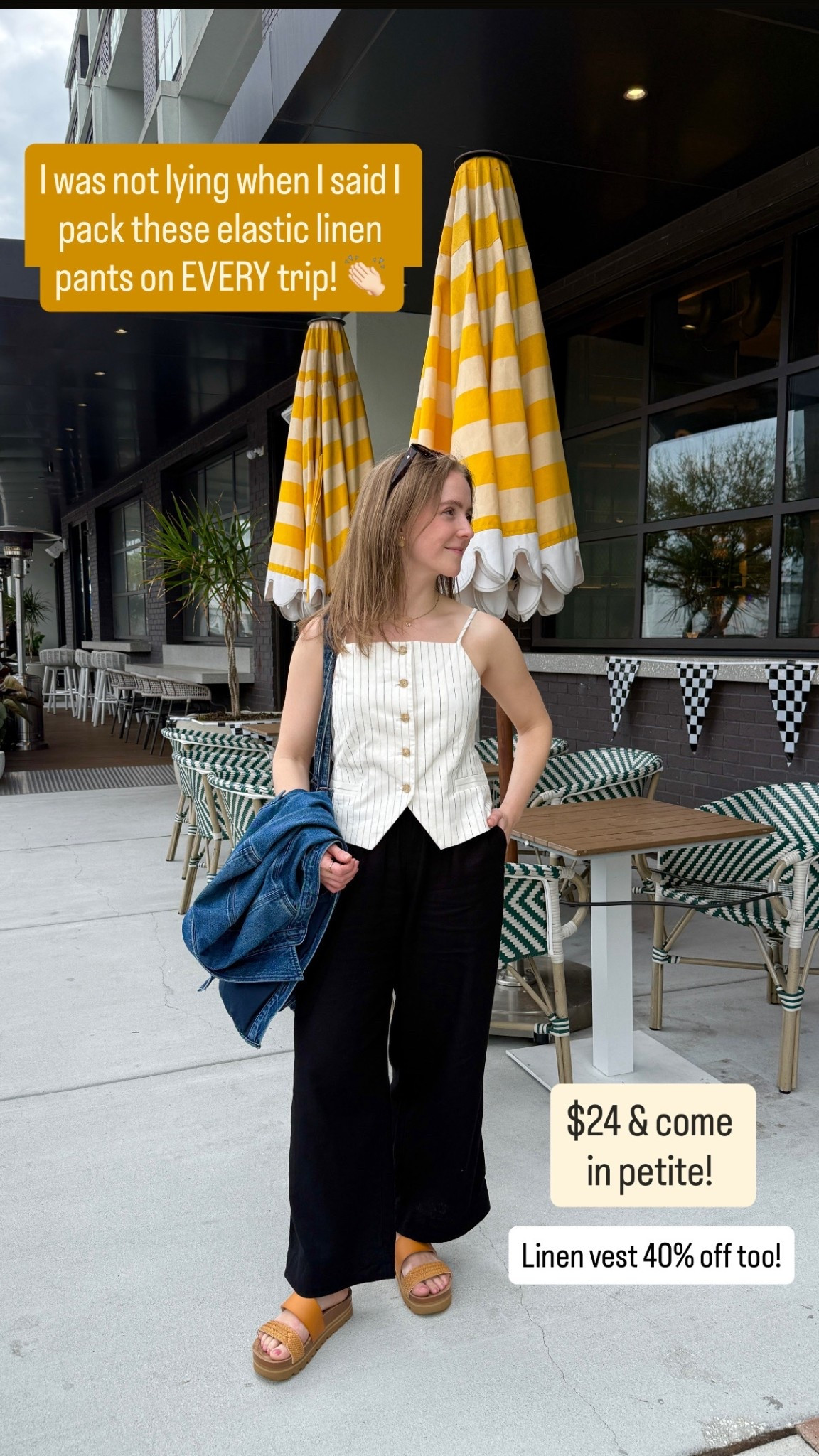 Comfy vacay outfit for women. Xs petite linen pants $24 today. 0 petite vest. Size down if between runs relaxed fit

#LTKTravel #LTKSaleAlert #LTKPetite