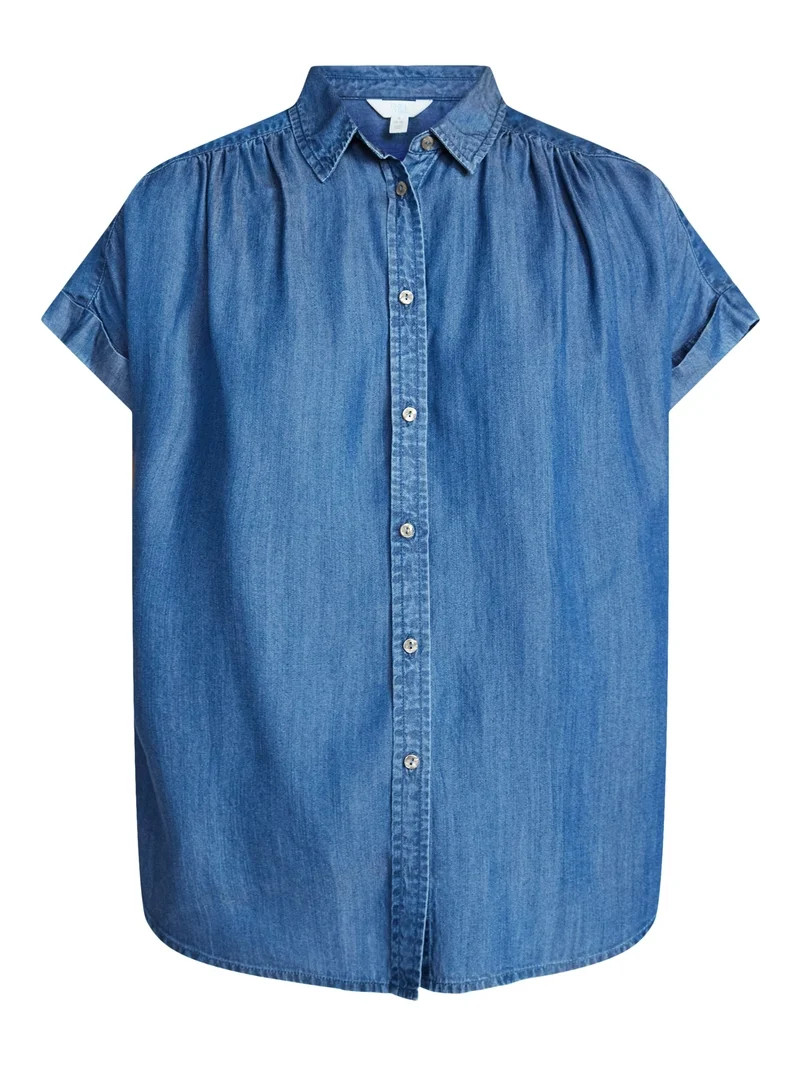 Time and Tru Women's Chambray Camp Shirt with Short Sleeves, Sizes XS-XXXL | Walmart (US)