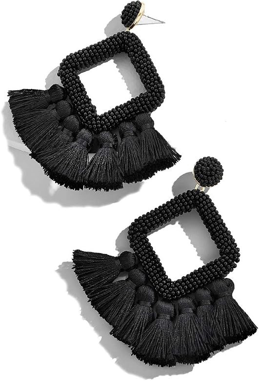 Beaded Tassel Drop Earrings - Statement Hoop Fringe Earrings Dangle, Idea for Women, Mother, Sist... | Amazon (US)