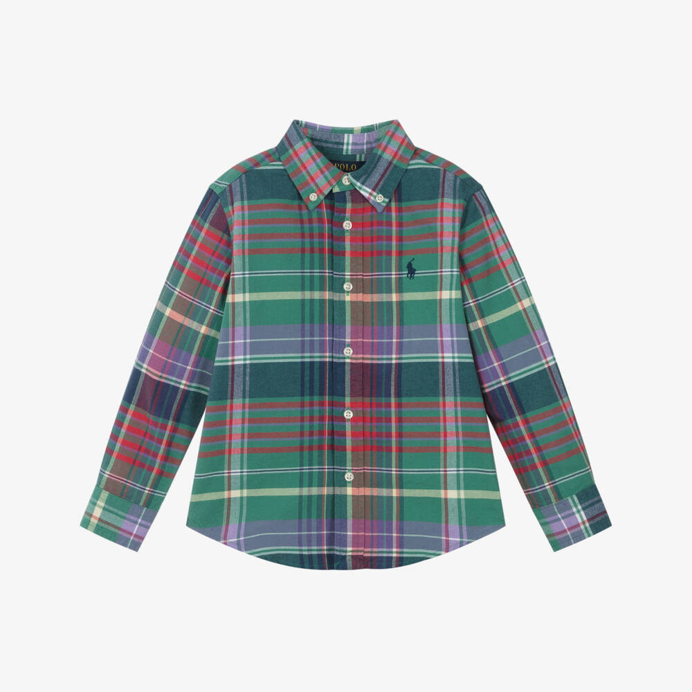 Ralph Lauren Boys Green & Purple Tartan Brushed Cotton Shirt | Childrensalon